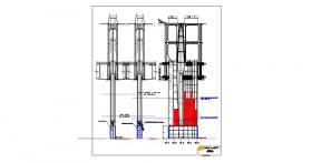 This drawing shows the construction detail for the 150-ton lifting keel. It also shows the hydraulic clamping system to ensure when the keel is raised or lowered, it is locked in place.
